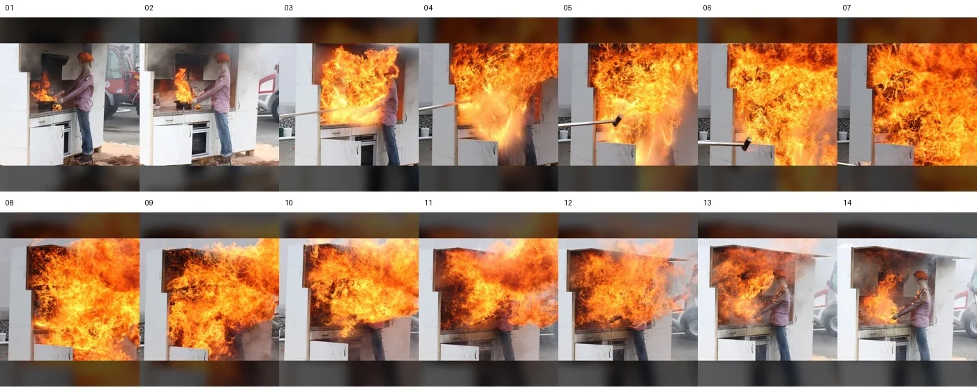 Bildfolge einer kontrollierten Fettexplosions-Vorführung der Feuerwehr Soest-Mitte.