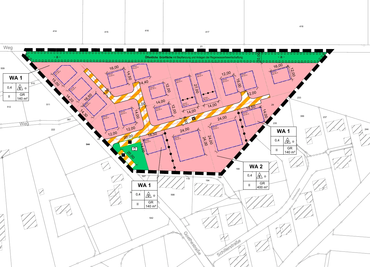 Planentwurf des Baugebiets Heyecker in Günne mit Wohnbauflächen, Straßen, Spielplatz und nördlicher Grünfläche.