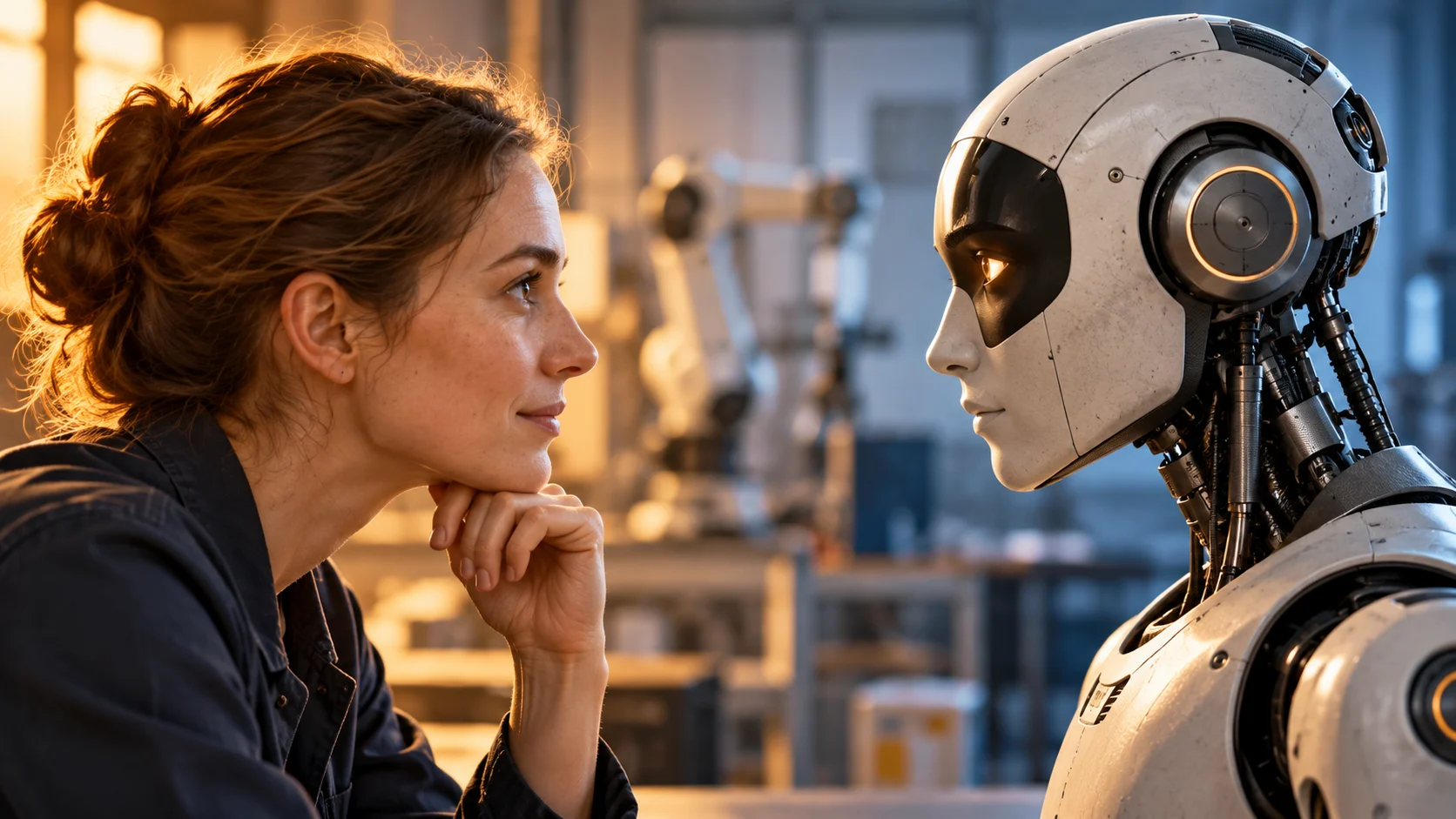 Eine Frau und ein humanoider Roboter blicken sich auf Augenhöhe gegenüber. KI-generiertes Symbolbild.