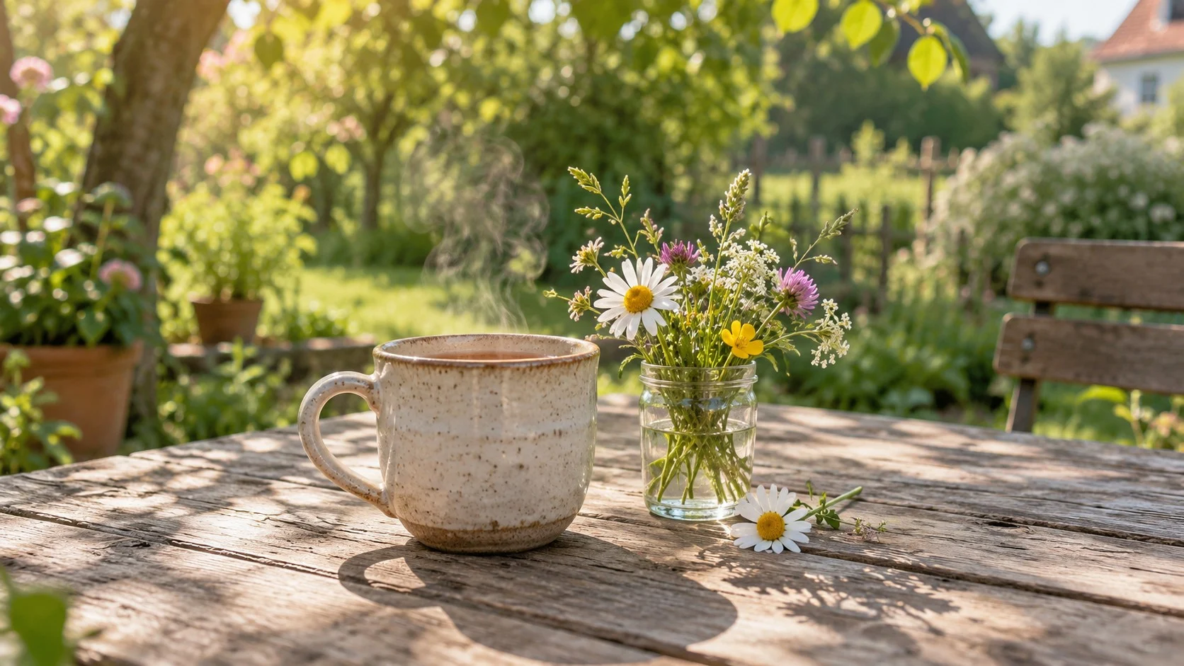 KI-Symbolbild: Eine Tasse Tee und kleine Blumen im sonnigen Garten