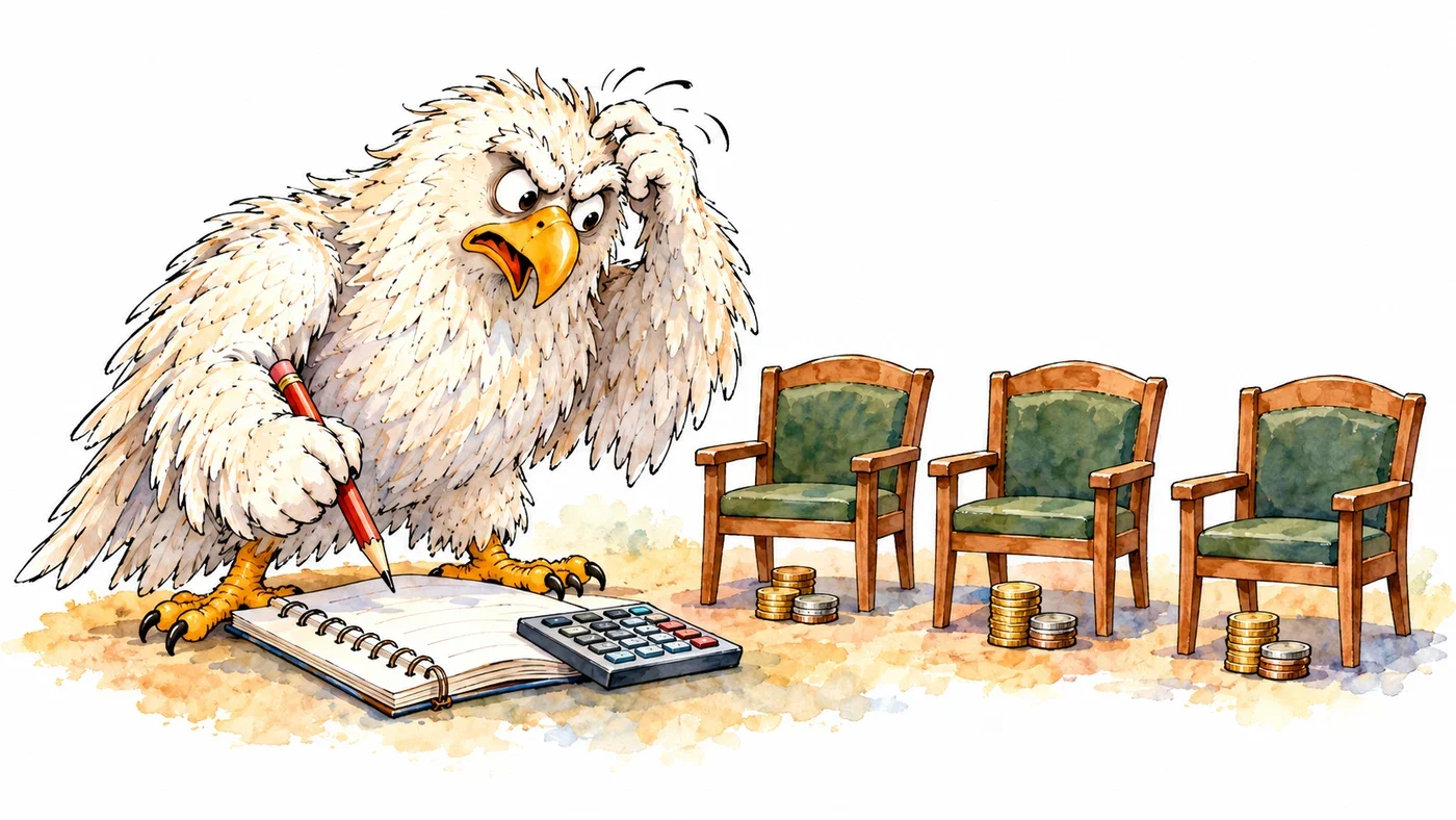 Karikatur: Der Möhneseeadler kratzt sich vor drei Ratsstühlen, Münzstapeln und einem Taschenrechner am Kopf.