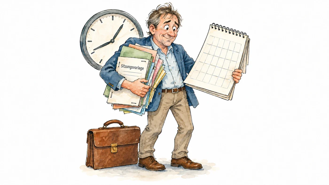 Karikatur: Ein Mann mit Sitzungsvorlagen und Kalender vor einer großen Uhr; neben ihm steht eine Aktentasche.