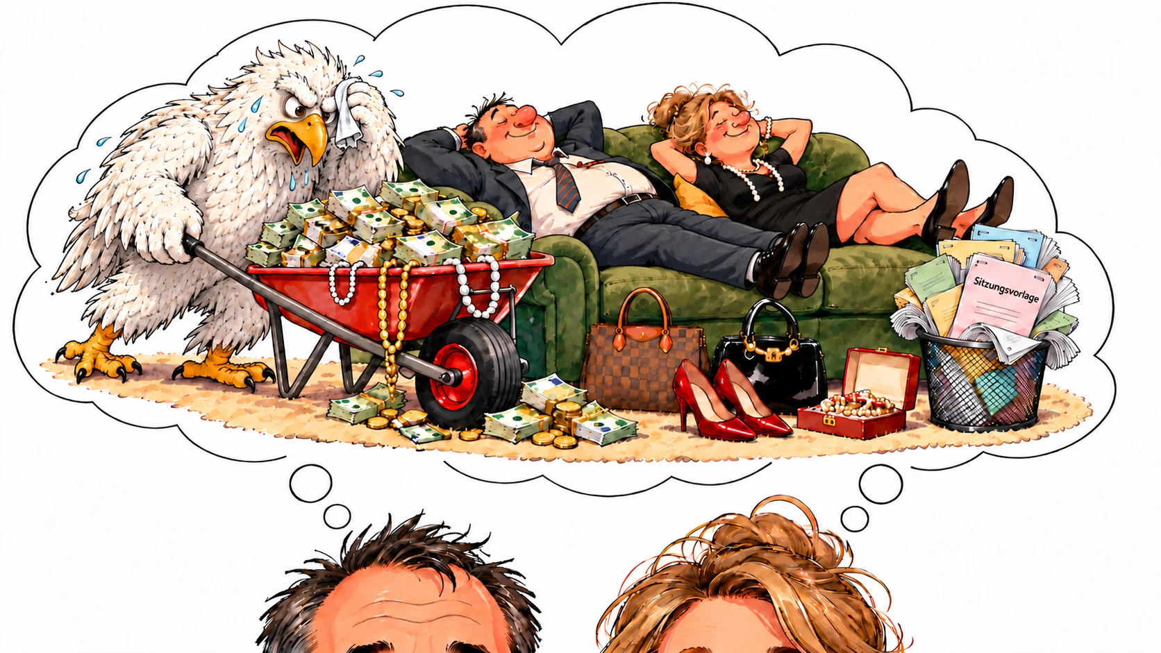 KI-generierte Karikatur: Ein schwitzender Möhneseeadler schiebt eine Schubkarre voller Geld und Perlenketten zu einem Paar auf dem Sofa. Daneben liegen Luxusaccessoires; im Papierkorb stecken farbige Sitzungsvorlagen. Die Szene erscheint als Gedankenblase über den Köpfen des Paares.