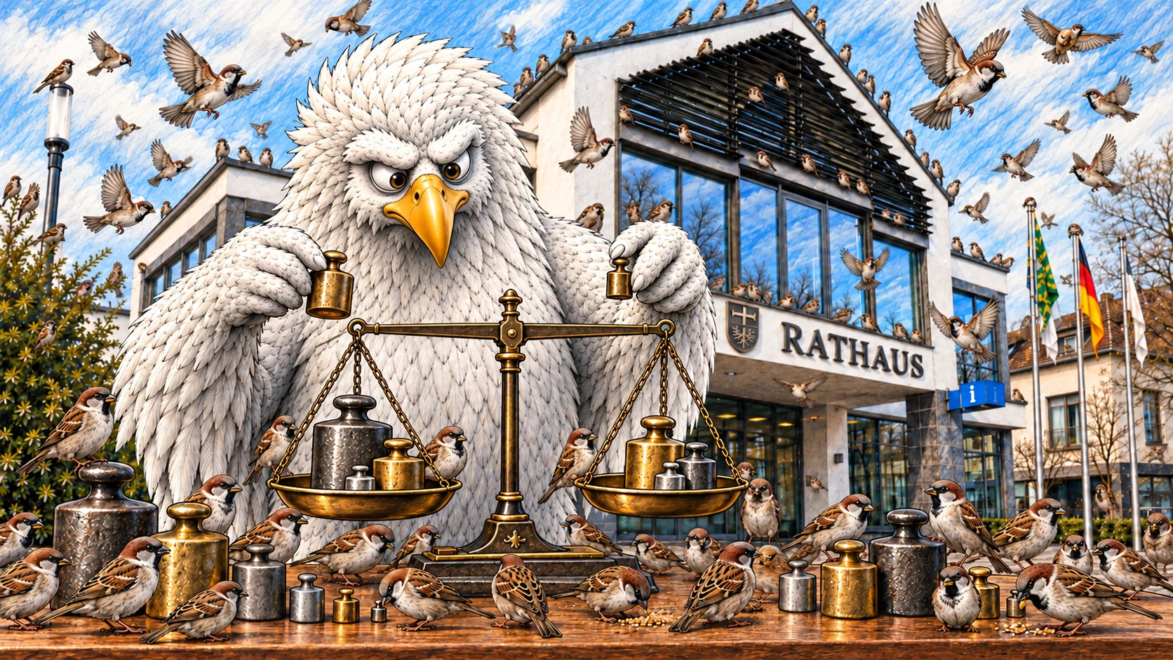 KI-generierte Karikatur: Der Möhneseeadler hält Gewichte über einer ausgeglichenen Waage vor dem Rathaus. Zahlreiche Spatzen sitzen auf dem Tisch und dem Gebäude oder fliegen durchs Bild.