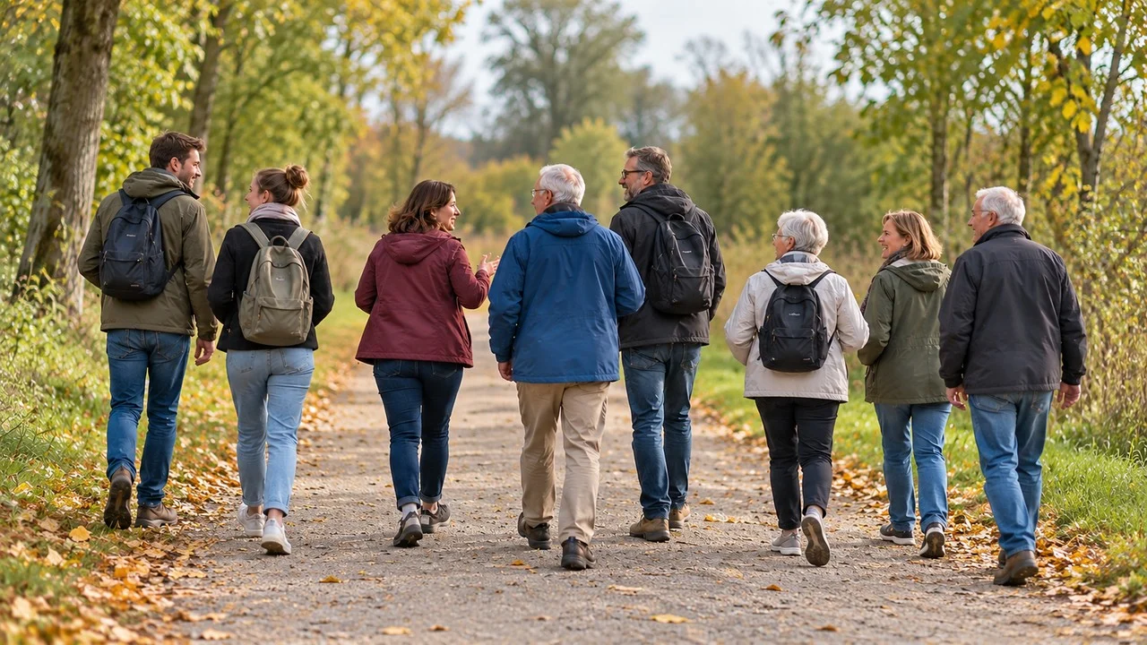 Menschen verschiedener Generationen gehen gemeinsam auf einem herbstlichen Weg spazieren und unterhalten sich, von hinten gesehen. KI-generiertes Symbolbild.