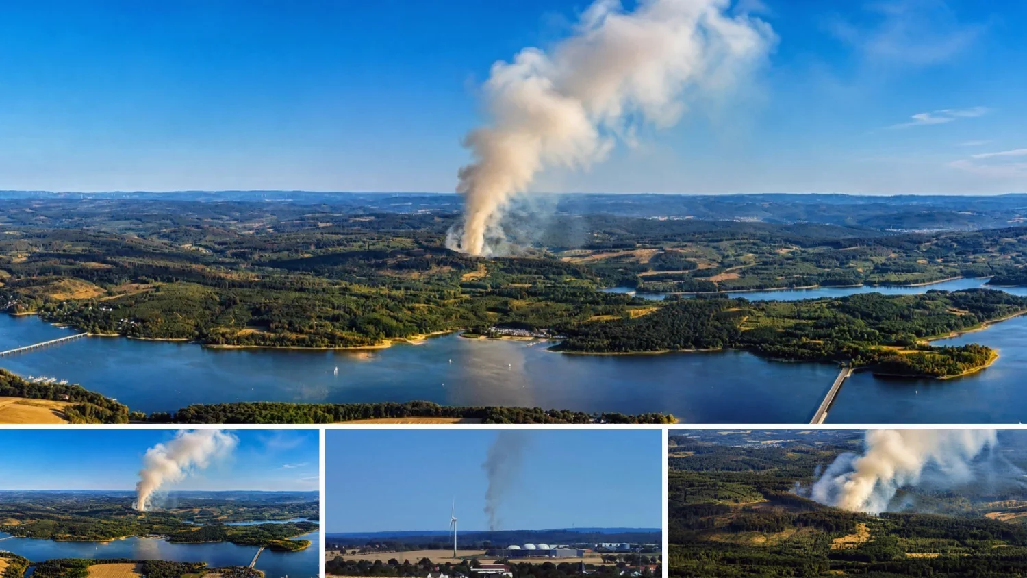 Collage mit der Rauchsäule über dem Wald am Möhnesee, aufgenommen vom Bismarckturm und vom Haarweg in Ense