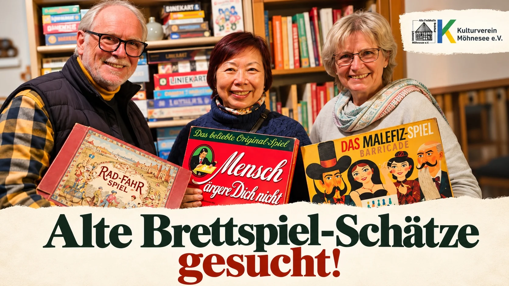 Titelgrafik mit Uwe Gronert, Pokschu Moritz und Jutta Kunz, alten Brettspielen und der Aufschrift Alte Brettspiel-Schätze gesucht