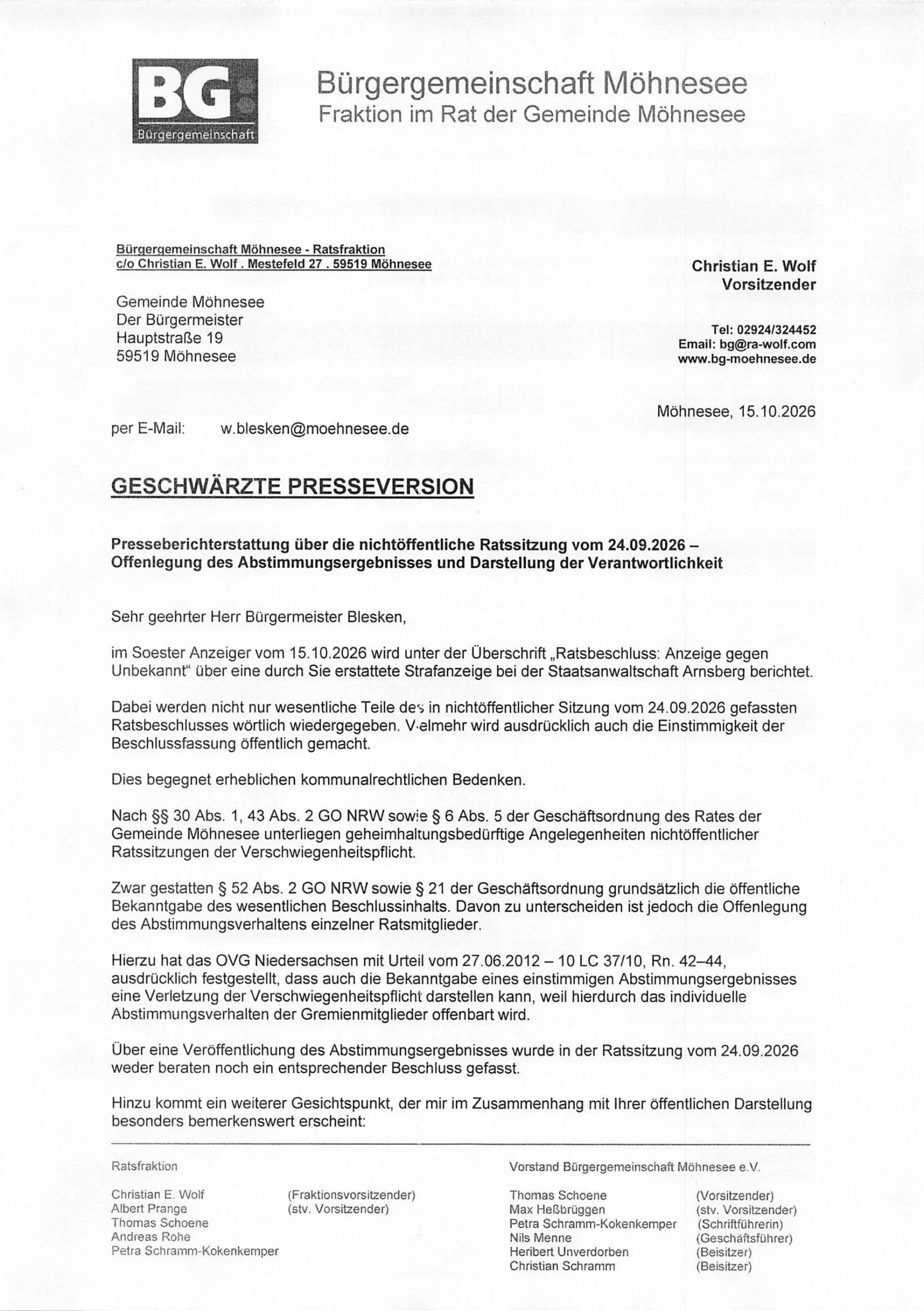 Seite 1 der geschwärzten Pressefassung von Christian Wolfs Anfrage an den Bürgermeister vom 15. Oktober 2026.