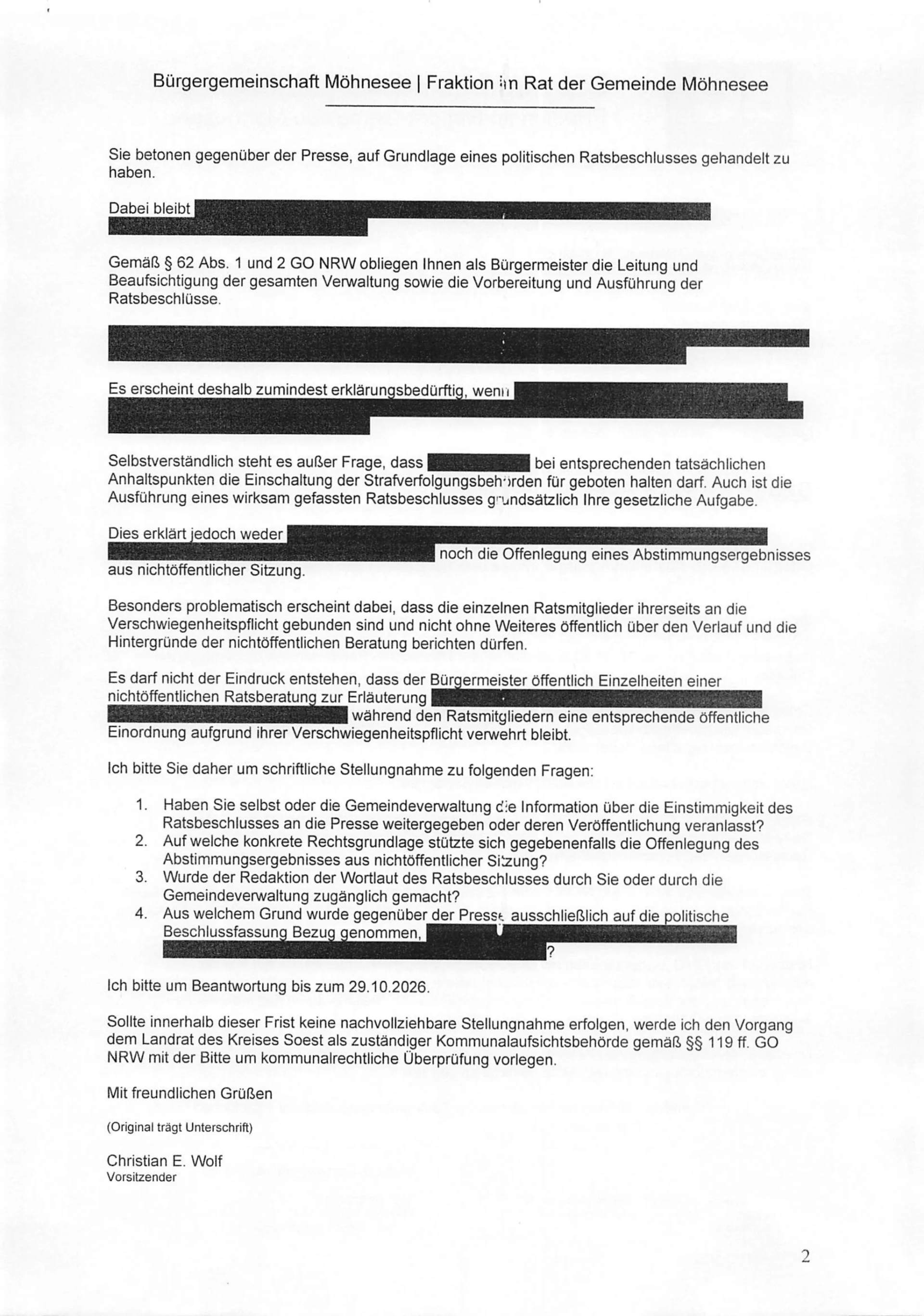 Seite 2 der geschwärzten Pressefassung von Christian Wolfs Anfrage an den Bürgermeister vom 15. Oktober 2026.